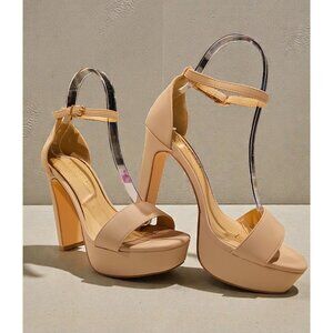 Nude Chunky Heel Platform Sandals With Ankle Strap  Womens Nubuck Material